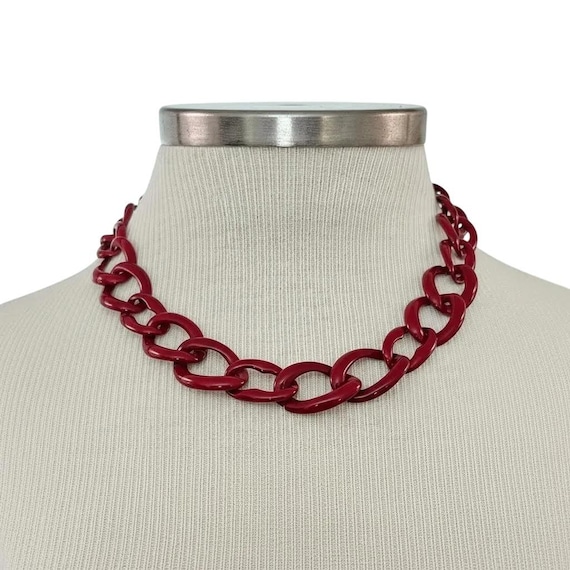 Monet Red Enamel Large Chain Link Gold Tone Accents Vintage Necklace Signed J441