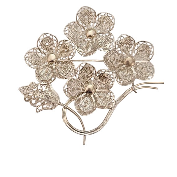 800 Spun Silver Multi Flower C Clasp Brooch Pin K723