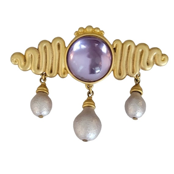 Matte Gold Tone Purple Lucite Faux Pearl Dangle Bar Brooch Pin, Designer Quality M758