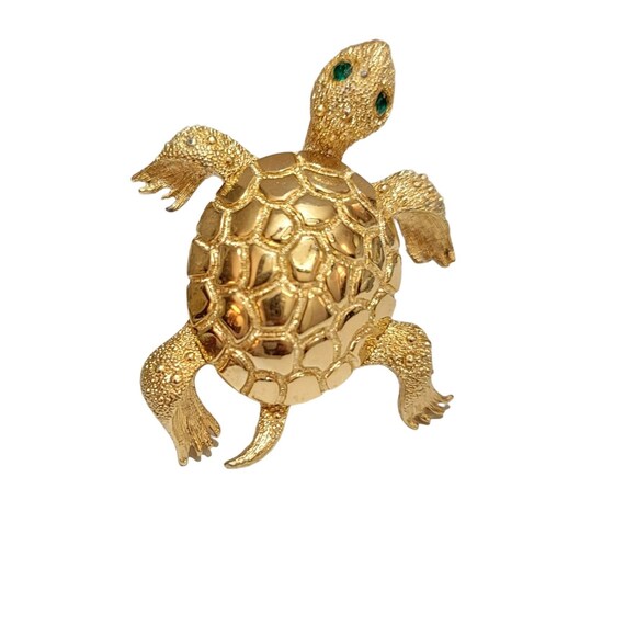 Monet Gold Tone Green Rhinestone Turtle Brooch, S… - image 7