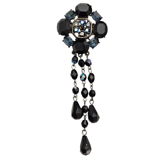 Givenchy Blue Black Rhinestone Cross Round Brooch Dangle Tassel Pin, Signed L992