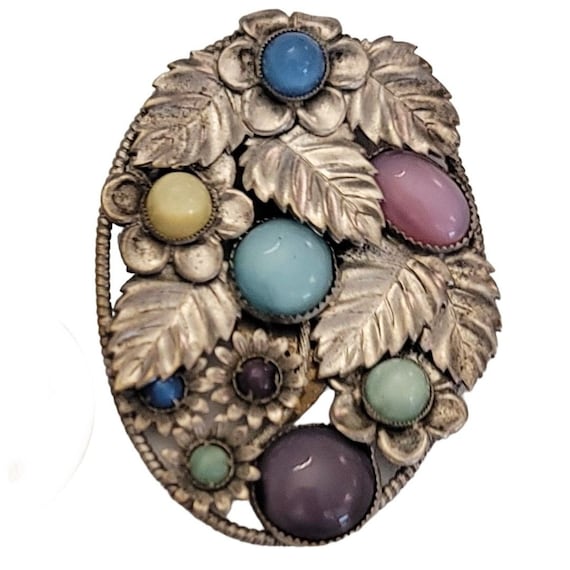 Silver Plated Moonstone Glass Cab Rhinestone Dress Clip K266