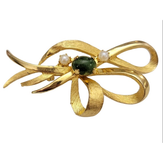 Gold Tone Jade Pearl Bow Ribbon Brooch, Designer Style M840