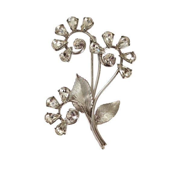Krementz Silver Tone Clear Rhinestone Scroll Flower Brooch Pin, Signed L132