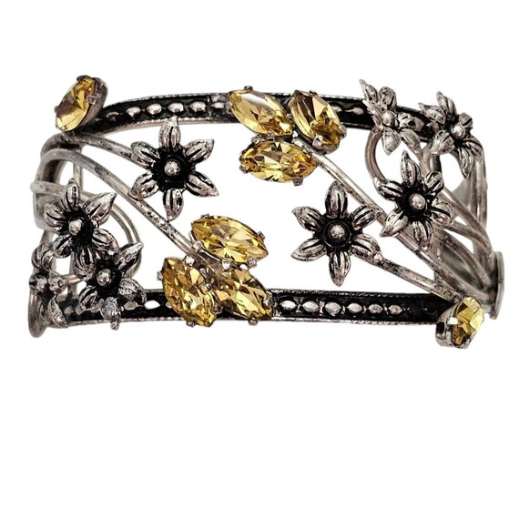 Sterling Silver Prong Set Jonquil Yellow Rhinestone Stemmed Flowers Cuff Bracelet L482