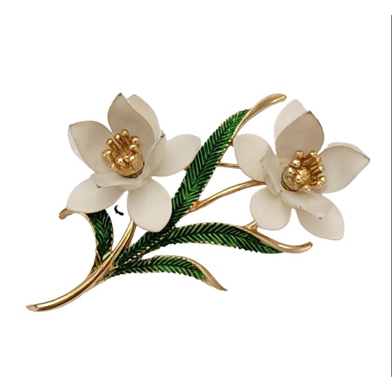 Trifari Crown Over T White Green Enamel Lotus Flower Brooch Pin, Signed K244