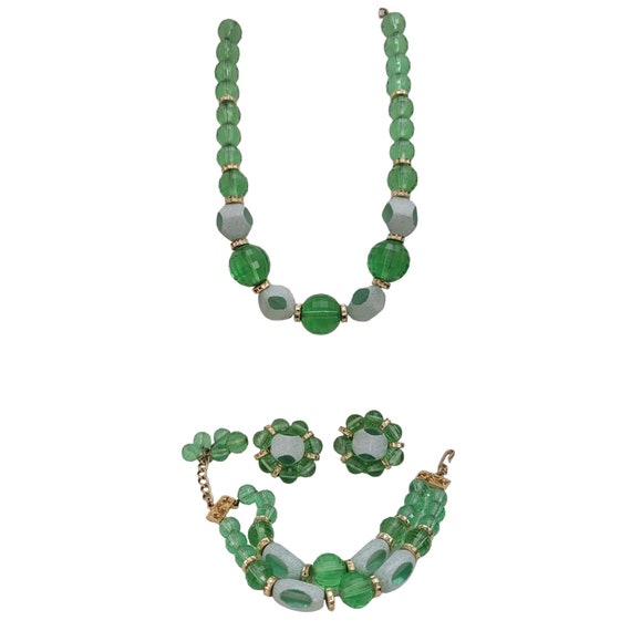 Hobe Green Round Faceted Lucite Art Glass Beads Parure Necklace Bracelet Clip On Earrings, Set E314