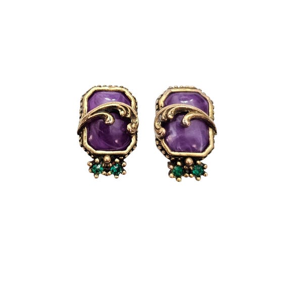 Gold Tone Purple Lucite Square Clip On Nouveau Plume Rhinestone Earrings C715