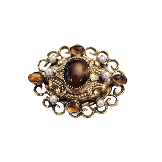 Original By Robert Oval Brooch Faux Pearl Topaz Cabochons Pin Signed, J472