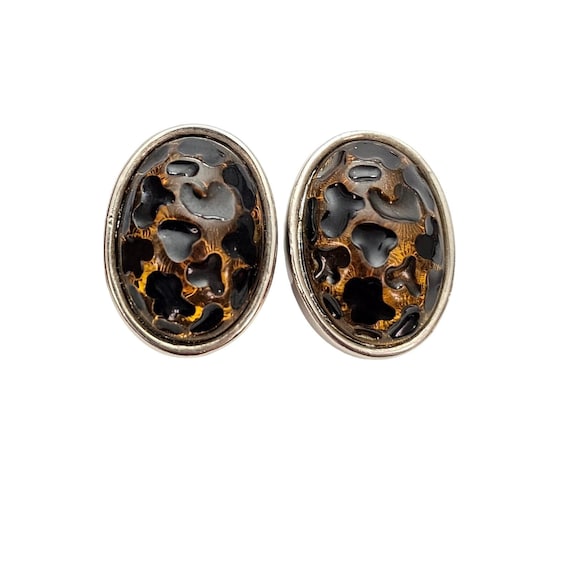 Oval Black Gold Lucite Animal Print Clip On Earrings C732