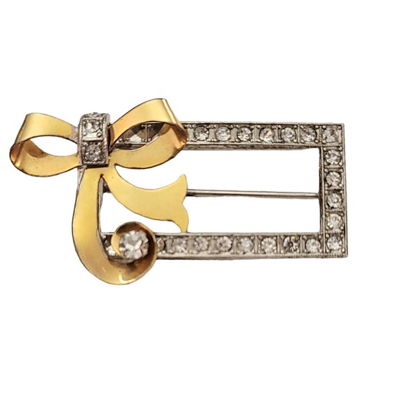 I. Michelson Sterling 12K Gold Plated Clear Rhinestone Square Open Bow Pin, Signed K802