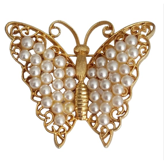 Lisner Gold Tone Faux Pearl Filigree Butterfly Bro