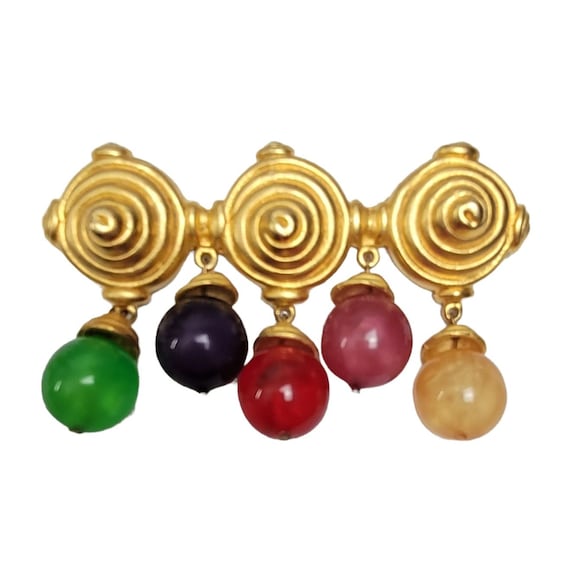 Gold Tone Bar Spiral Geometrical Multi Color Capped Lucite Bead Dangle Brooch