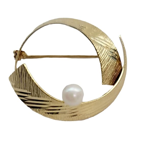 14k Yellow Gold Solitaire Pearl Round Ribbon Wreath Brooch, EX14