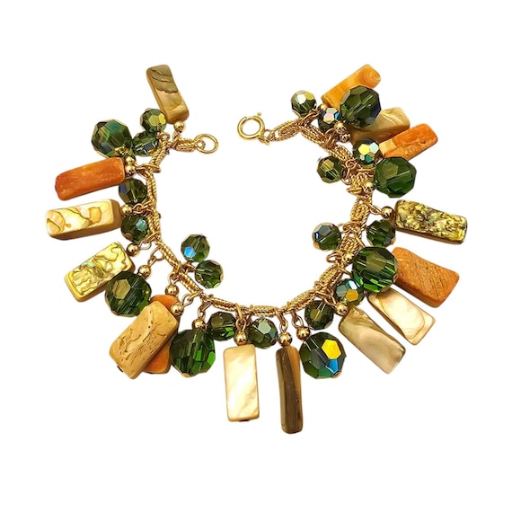 Napier Vintage Abalone Shell AB Green Bead Bracelet Charm Gold Tone Chain Signed