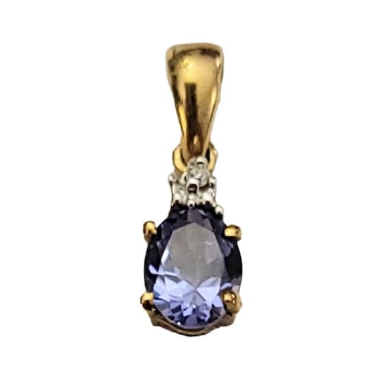 10K Yellow Gold Blue Tourmaline, Diamond Chip Pendant, Charm K642
