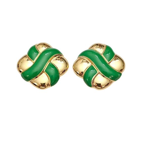 Monet Gold Tone Kelly Green Enamel Clip On X Square Earrings, Signed C719