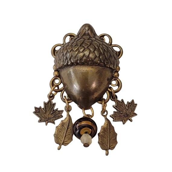 Brassy Gold Tone Acorn Leaf Bead Charm Brooch Pin E674