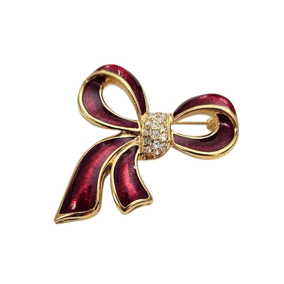 Monet Red Bow Brooch Clear Rhinestone Pin Signed
