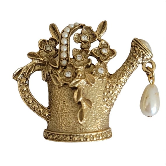 1928 Brand Gold Tone Faux Pearl Clear Rhinestone Water Can Bucket Dangle Brooch K492