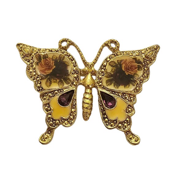 1928 Brand Purple Rhinestone Butterfly Rose Flower Pin, Victorian Theme