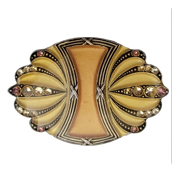 Catherine Popesco Bex Style Art Deco Yellow Enamel Clear Rhinestone Brooch