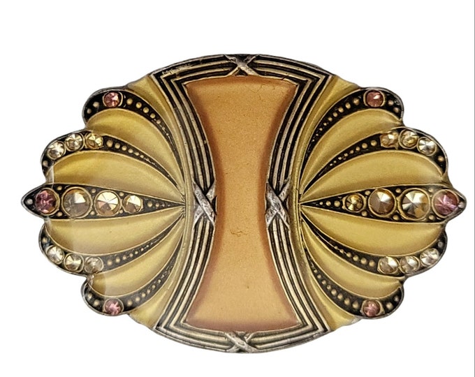 Catherine Popesco Bex Style Art Deco Yellow Enamel Clear Rhinestone Brooch