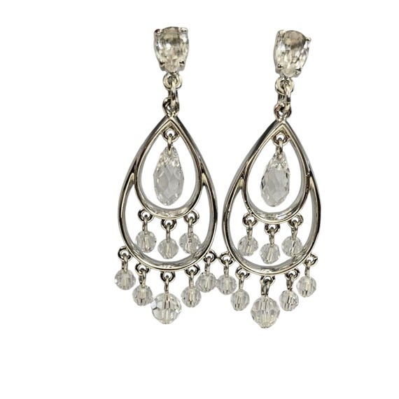 Swarovski Clear Crystal Brioche Dangle, Teardrops Clip-On Earrings, Signed L654