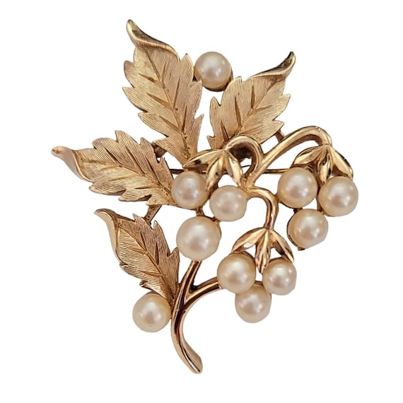 Trifari Crown Over T Gold Tone Faux Pearl Fruit And Leaf Brooch Pin, Signed K698