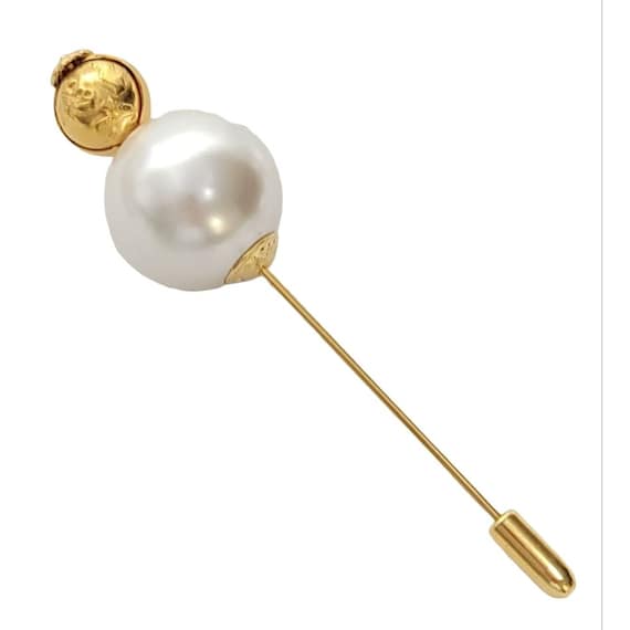Salvatore Ferragamo Faux Pearl Stick Lapel Pin, Signed