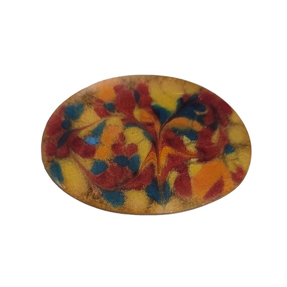 Inga Carlson Multi Color Enamel Copper Oval Brooch Pin, Signed E53