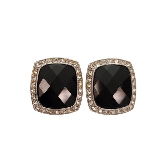 Monet Silver Tone Black Faceted Glass Clear Rhinestone Clip-On Earrings, Signed E495