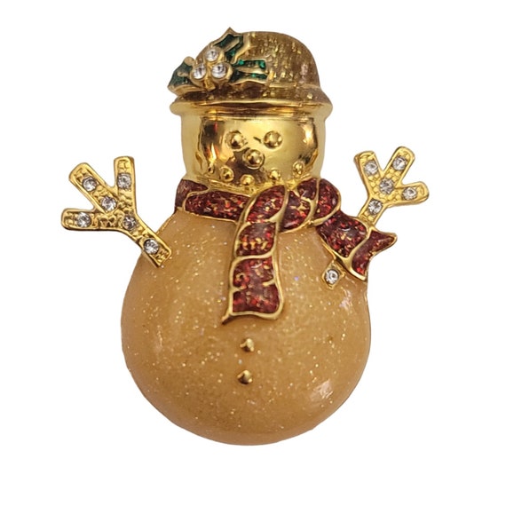 AHM Gold Tone Red Enamel Clear Rhinestone Snowman Brooch Pin, Signed K754