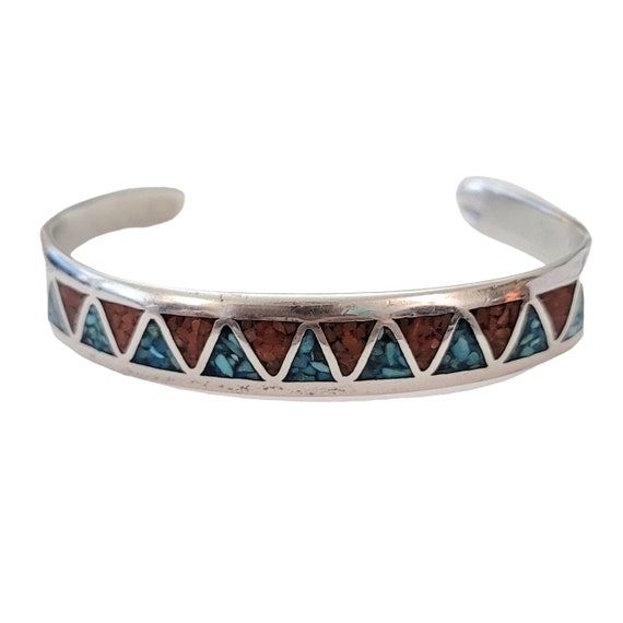 Sterling Silver Crushed Coral Turquoise Inlay Native America Design Cuff Bracelet E501