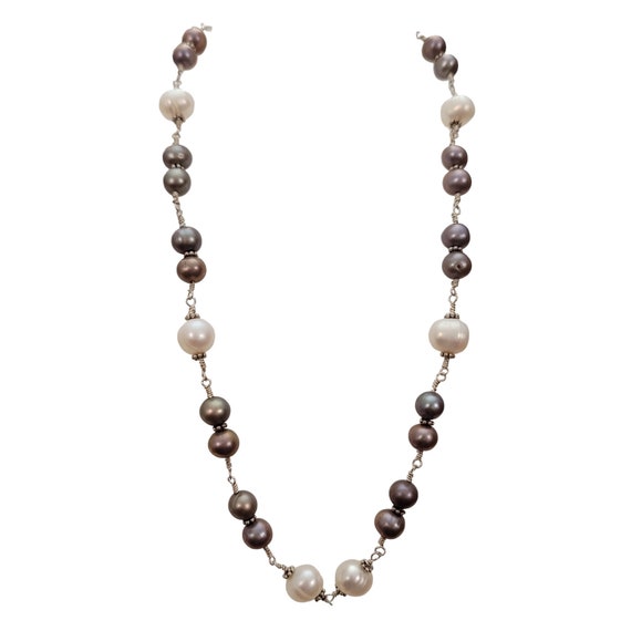 Sterling Silver Peacock Gray And White Fresh Water Pearls Chain Necklace 21" Long E449