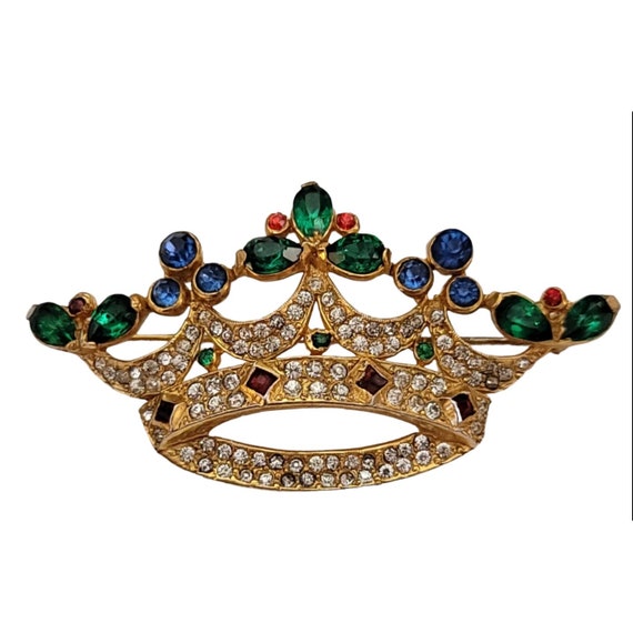 Gold Tone Blue Green Red Rhinestone Crown Vintage Brooch K691