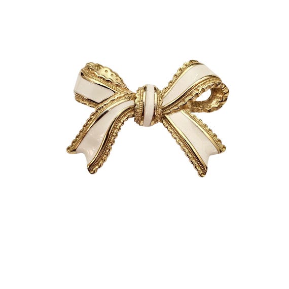 Gold Tone Bow Brooch White Enamel Chunky Designer-Style Pin C856