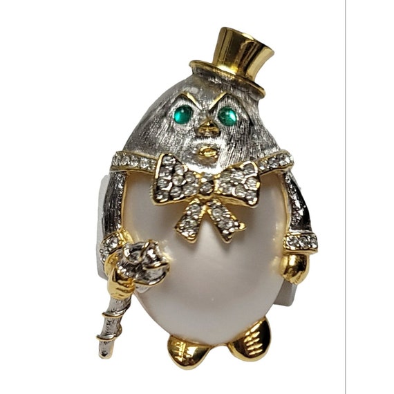 KJL Vintage Gold-Tone Rhinestone Faux Pearl  Humpty Dumpty Brooch, Signed