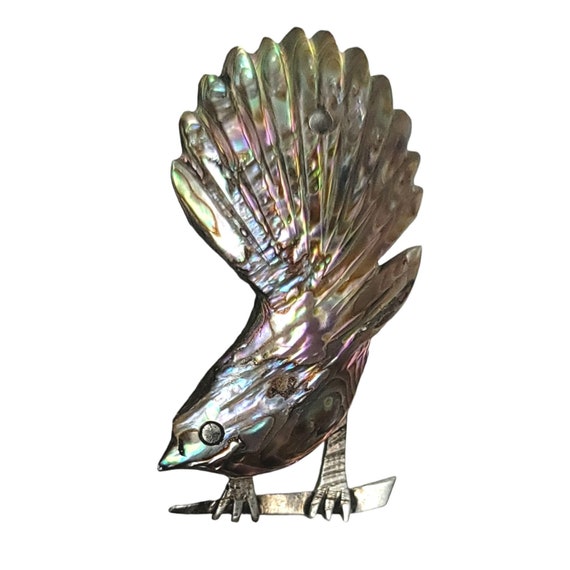 Vintage Sterling Silver Collectible Pin Paua Abalone Shell Bird Brooch, Signed With Number