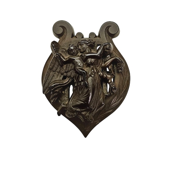 Gutta Percha Harp Cherub Wings Brooch Victorian C-Clasp Pin J863