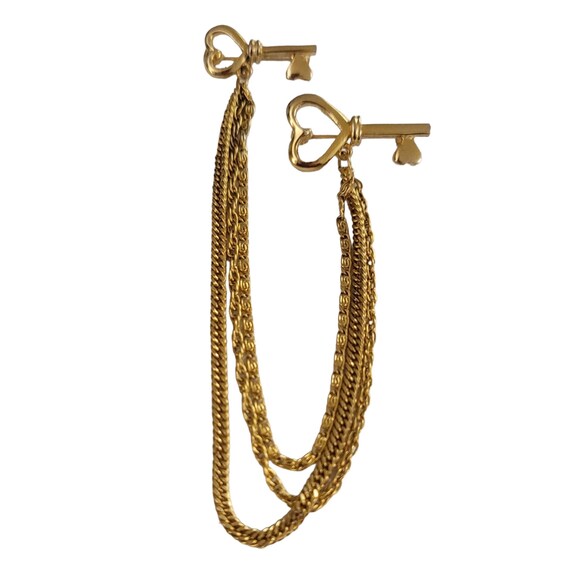 Gold Tone Triple Chatelaine Chains Key Pins Collar Cloak Clip Brooch K933