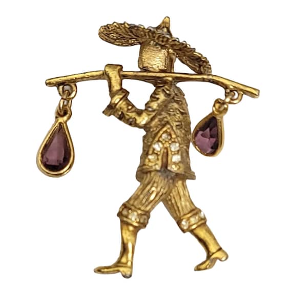 Gold-Tone Asian Motif Walking Water Carrier Man Purple Rhinestone Dangle Brooch