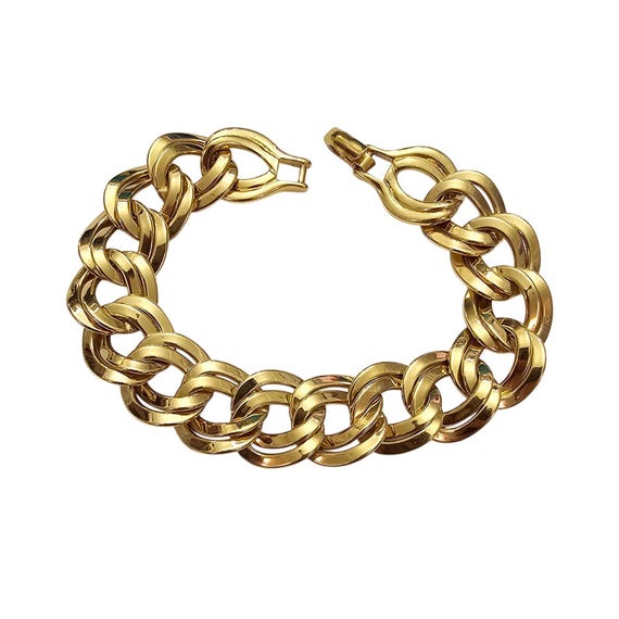 Monet Double Link Chunky Chain Bracelet Gold Tone Vintage 7.5" Long Signed J520