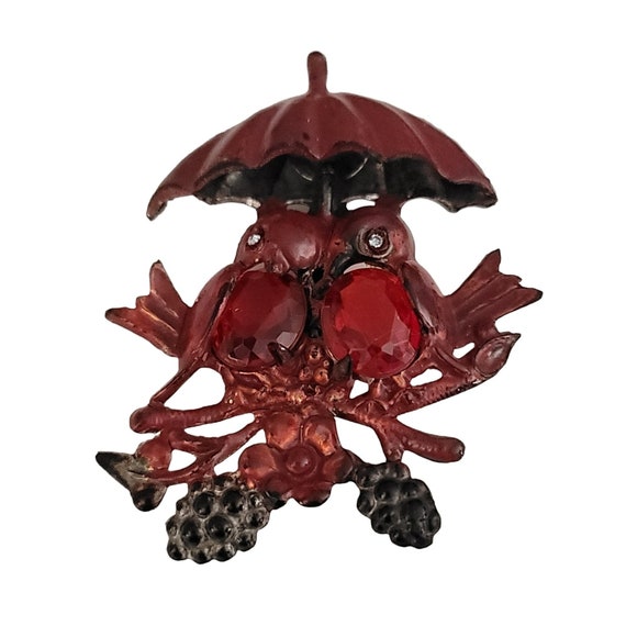 Red Black Old Plastic Love Birds Blackberry Bush Under Umbrella Pin