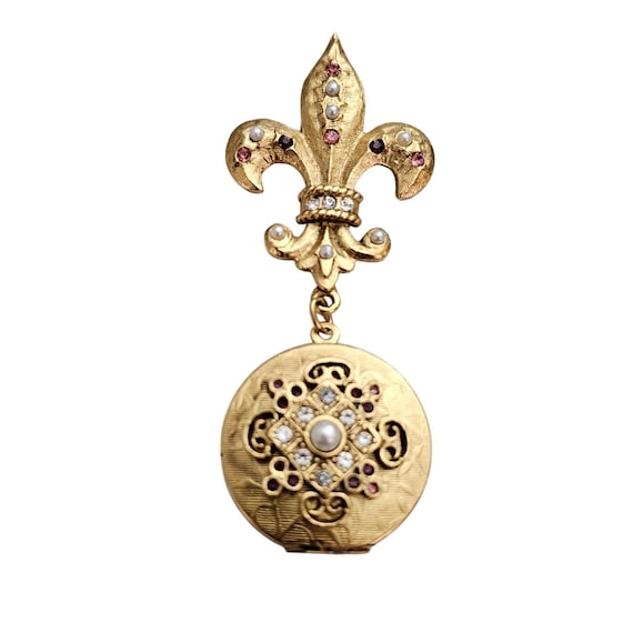 Fleur De Lis Bar Brooch Pink Purple Rhinestone Locket Dangle Pin J355