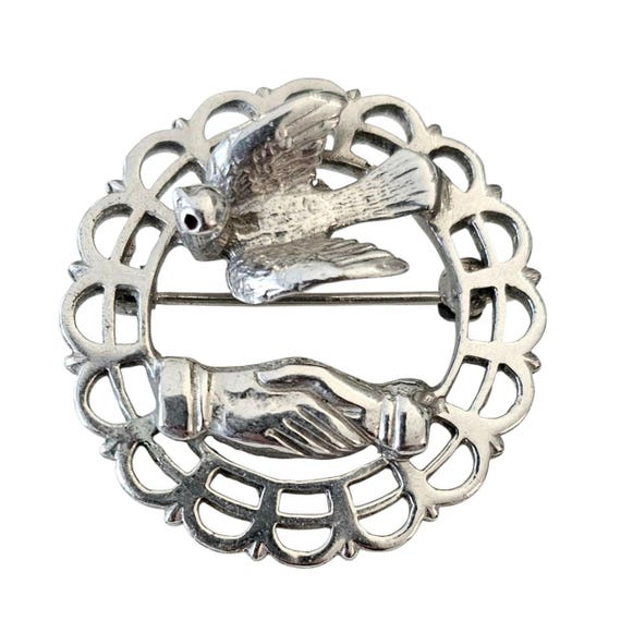 Sterling Silver Friendship, Dove Round Brooch Shaking Hands Pin, J69