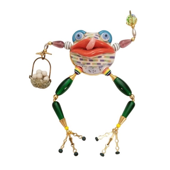 Jewelry 10 Glazed Pottery Whimsical Frog Glass Bead Egg Basket Brooch Pin, Signed L75