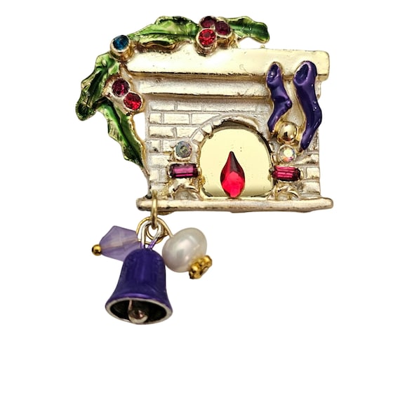 Fireplace Christmas Brooch Purple Bell Pearl Glass Bead Dangles Rhinestone J957