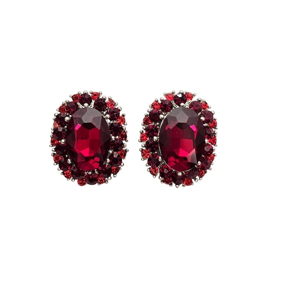 Oval Red Rhinestone Clip-On Cluster Earrings C738