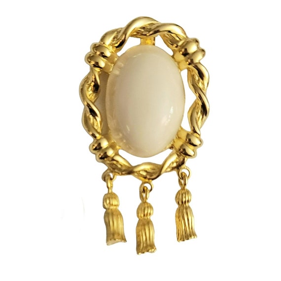 Ivana Gold Tone White Enamel Cameo Style Tassel Dangle Brooch, Signed
